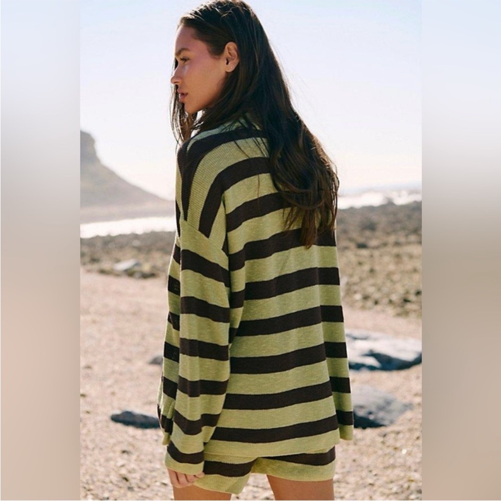 Free People Oversized Striped Sweater - Olive Green & Black